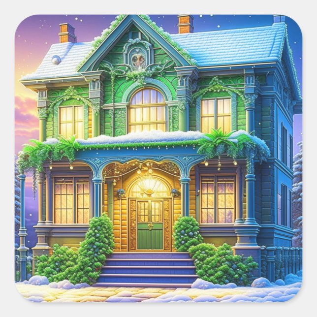 Pretty Green Holiday Christmas House  Square Sticker (Front)