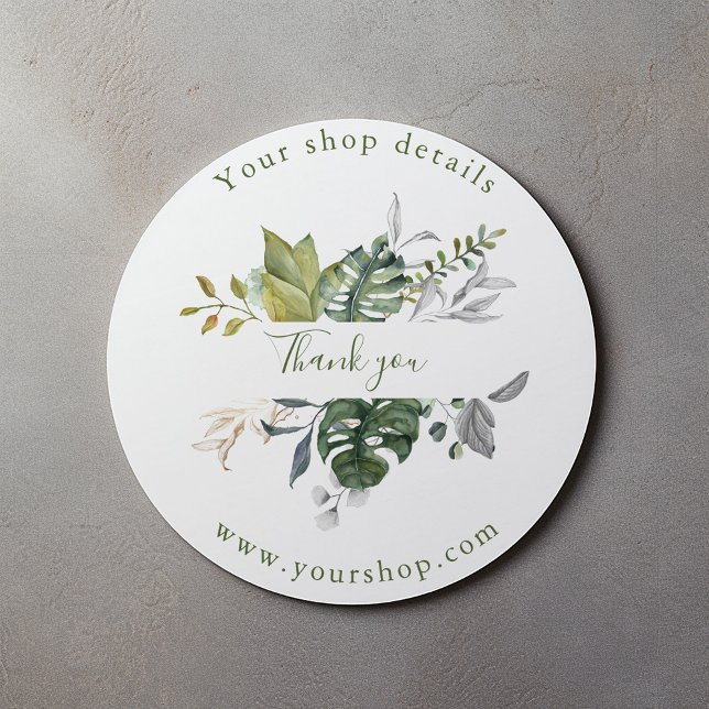 Pretty green leaves, shop thank you sticker (Round leafy sticker saying "Thank you" with your business details and web site address.)