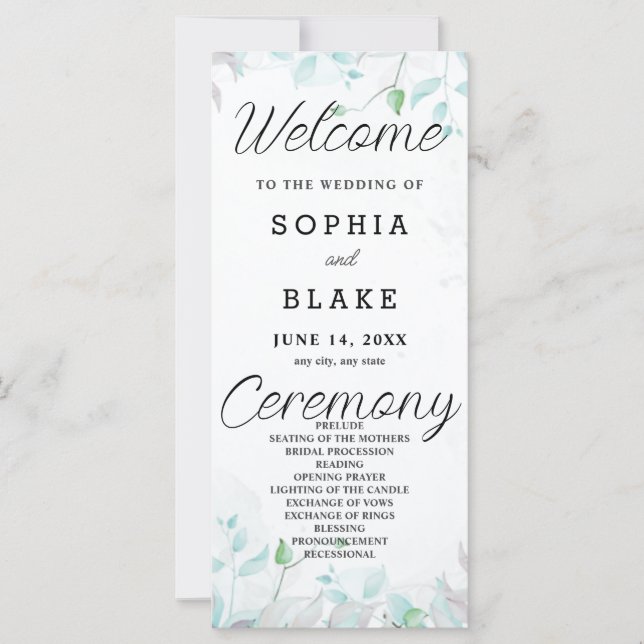 Pretty Green Leaves White Wedding Program (Front)