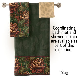 Pretty Green Peony Vintage Style Floral Bath Towel Set