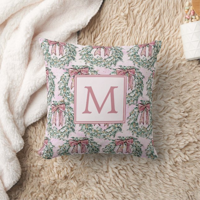 Pretty Green Pink Christmas Wreaths Monogram  Throw Pillow (Blanket)