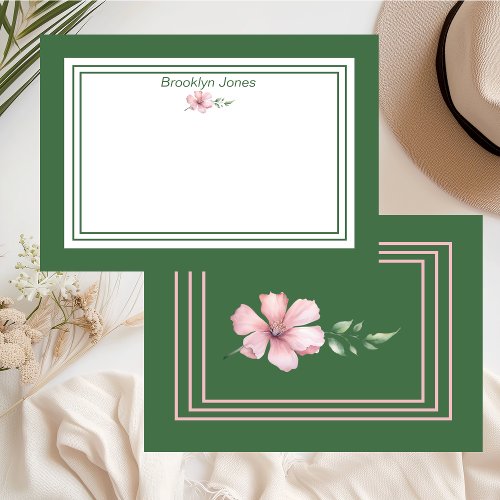 Pretty Green  Pink Floral Name Individualized Note Card