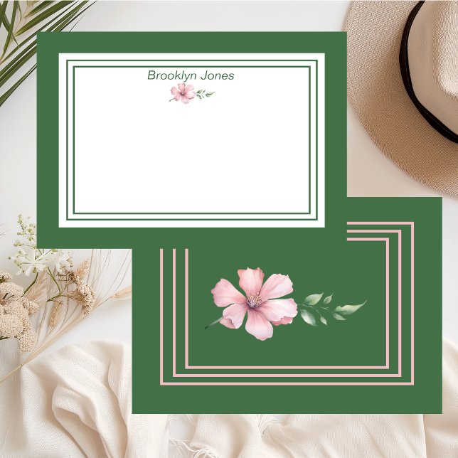 Pretty Green & Pink Floral Name Individualized Note Card (Creator Uploaded)
