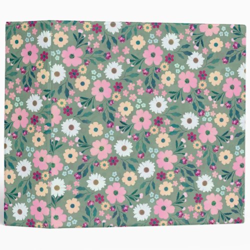 Pretty Green Pink flowers Botanical 3 Ring Binder