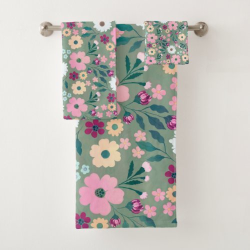 Pretty Green Pink flowers Botanical Bath Towel Set