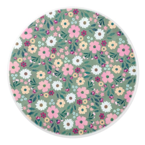 Pretty Green Pink flowers Botanical Ceramic Knob