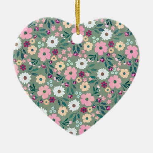 Pretty Green Pink flowers Botanical Ceramic Ornament