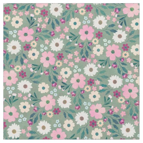 Pretty Green Pink flowers Botanical Fabric