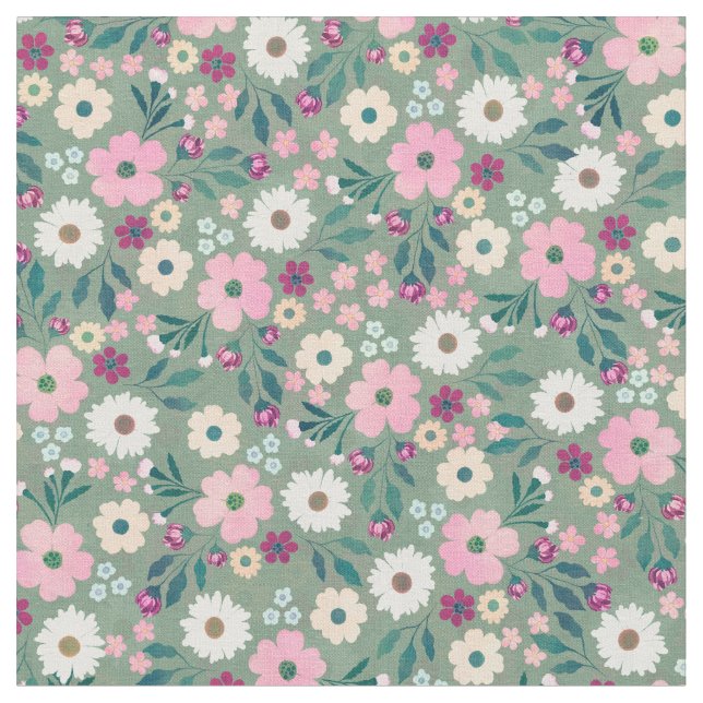 Pretty Green Pink flowers Botanical Fabric (Close Up)