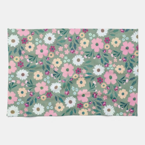 Pretty Green Pink flowers Botanical Kitchen Towel