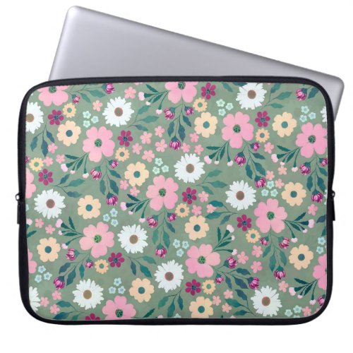 Pretty Green Pink flowers Botanical Laptop Sleeve