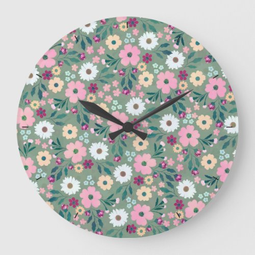Pretty Green Pink flowers Botanical Large Clock