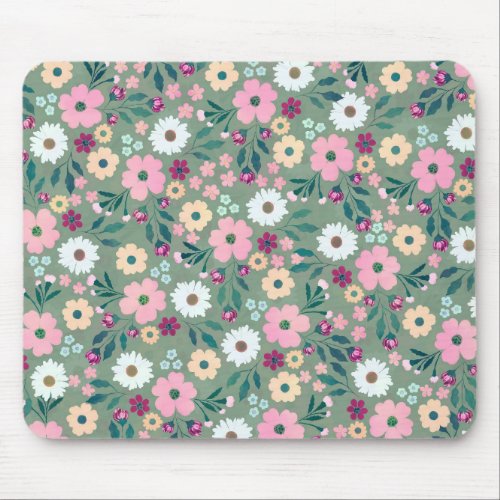 Pretty Green Pink flowers Botanical Mouse Pad