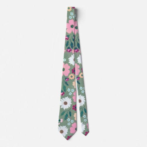 Pretty Green Pink flowers Botanical Neck Tie