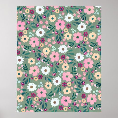 Pretty Green Pink flowers Botanical Poster