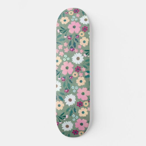 Pretty Green Pink flowers Botanical Skateboard