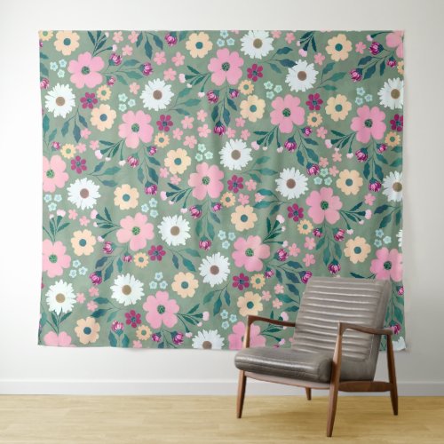 Pretty Green Pink flowers Botanical Tapestry