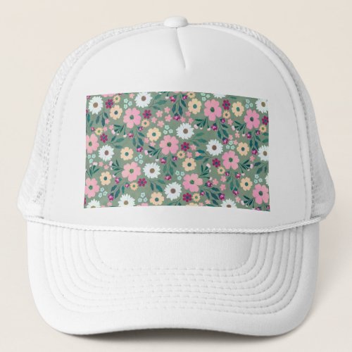 Pretty Green Pink flowers Botanical Trucker Hat