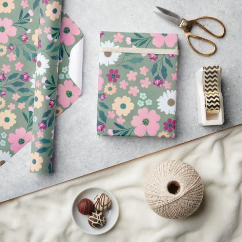 Pretty Green Pink flowers Botanical Wrapping Paper