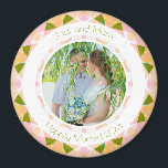 Pretty Green Pink Wedding Keepsake Photo Gift Magnet<br><div class="desc">Pretty Green and Pink Wedding Keepsake Photo Gift Magnets. In spring and summer colors of green and pastel sugar pink and peach . A springtime and summertime modern geometric pattern round border surrounds the picture in the middle. Replace the photo on this budget friendly fridge magnet with a picture of...</div>