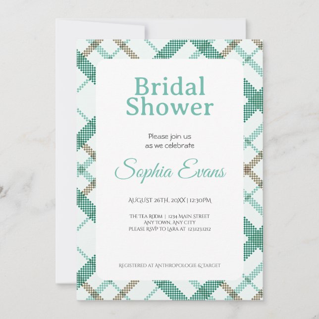 Pretty Green Plaid Border White Bridal Shower Invitation (Front)