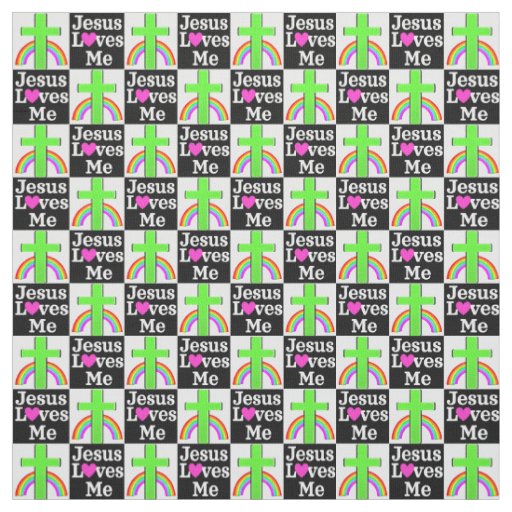 PRETTY GREEN RAINBOW AND CROSS JESUS LOVES ME FABRIC