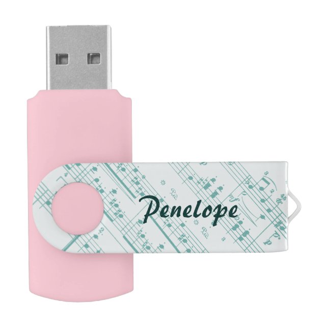 Pretty Green Sheet Music Pattern with Your Name Flash Drive (Opened)