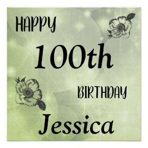 Pretty Green sparkle Happy 100th Birthday Poster