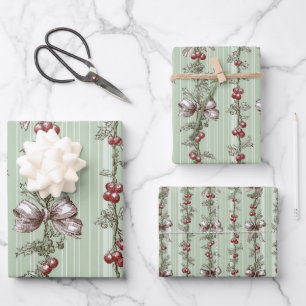 Pretty Green Toile Christmas Berries And Bows Wrapping Paper Sheets