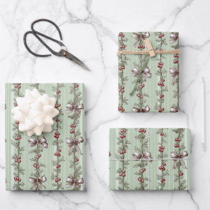 Pretty Green Toile Christmas Berries And Bows Wrapping Paper Sheets