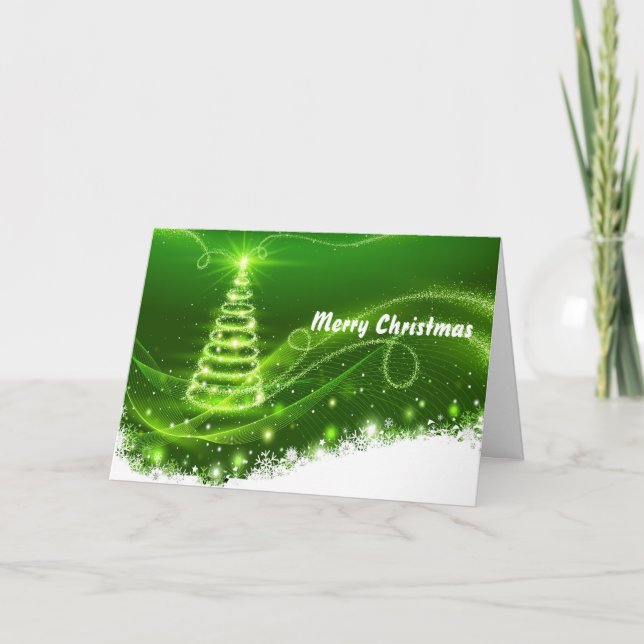 Pretty Green Tree Snow Christmas Holiday Card (Front)