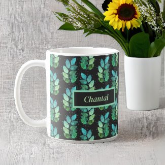 Pretty Green Watercolory Fern Pattern with Name