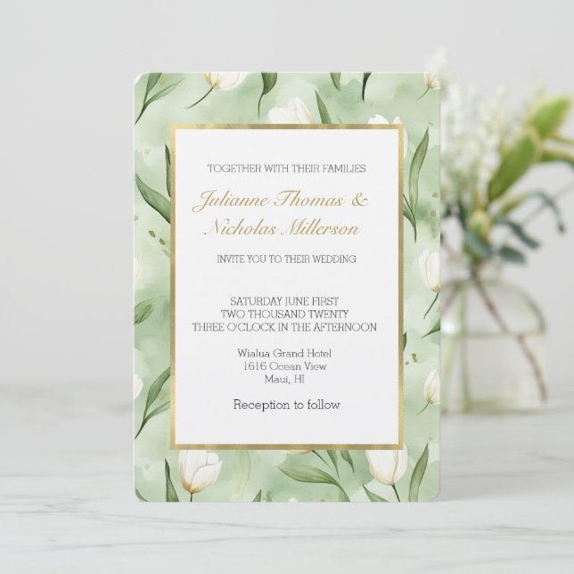 Pretty Green White Tulip Flowers Wedding Invitation (Standing Front)