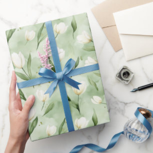 Pretty Green White Tulips Bridal Shower Wrapping Paper