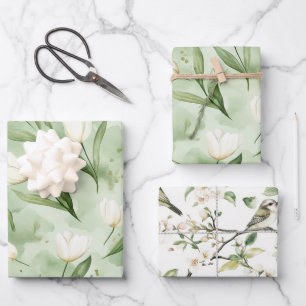 Pretty Green White Tulips Bridal Shower Wrapping Paper Sheets