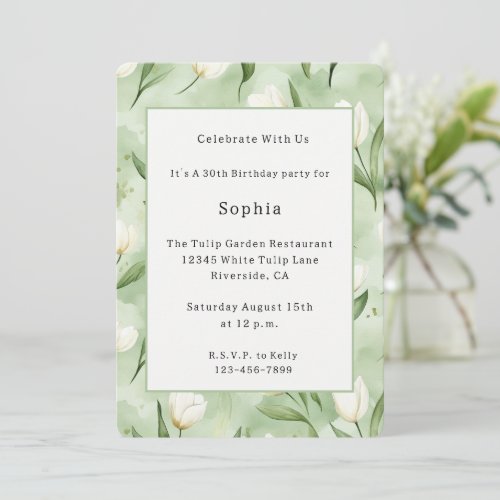 Pretty Green White Tulips Floral Birthday Invitation