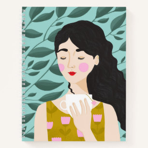 Pretty Green, Yellow, Pink Woman Tea Illustration Notebook