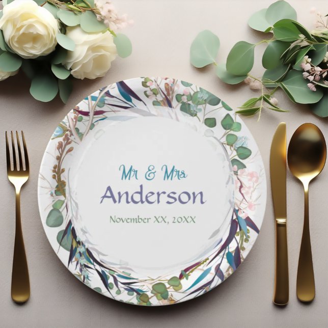 Pretty Greenery Purple Teal Gold Paper Plates (Creator Uploaded)