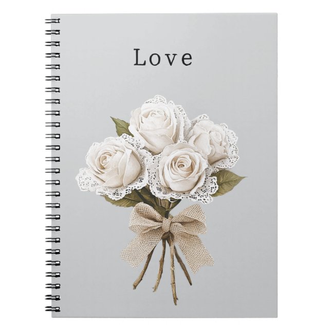 Pretty Grey Faux Lace White Roses Floral Notebook (Front)