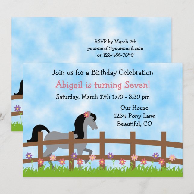 Pretty Grey Horse and Flowers Girl's Birthday Invitation (Front/Back)
