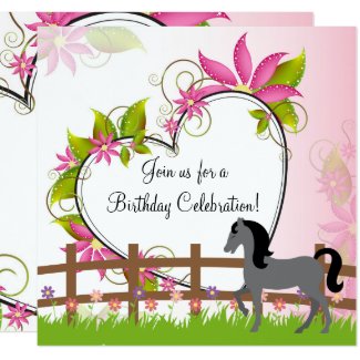 Pretty Grey Horse, Flowers, Heart Birthday Invite