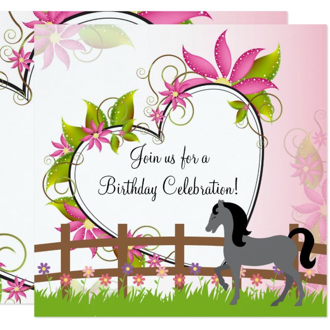 Pretty Grey Horse Flowers Heart Birthday Invite