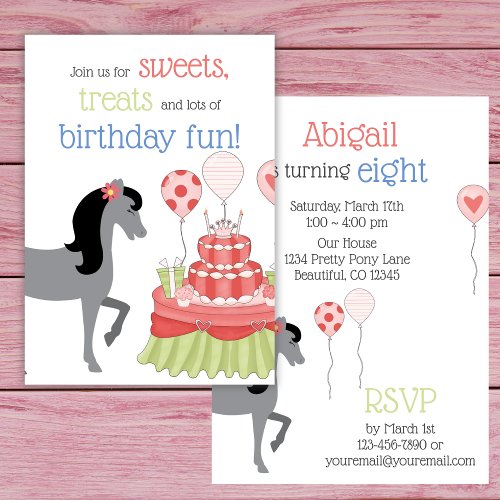Pretty Grey Horse Pink Green Blue Birthday Party Invitation