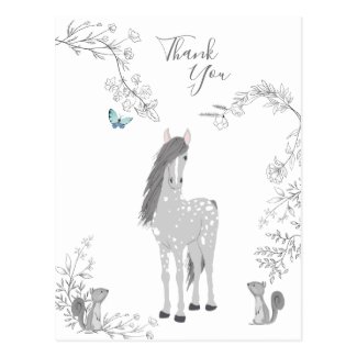 Pretty Grey Horse, Squirrels and Flowers Thank You Postcard