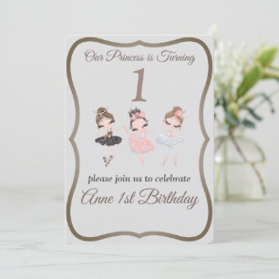 Pretty Grey Pink Ballerinas Princess 1st Birthday Invitation