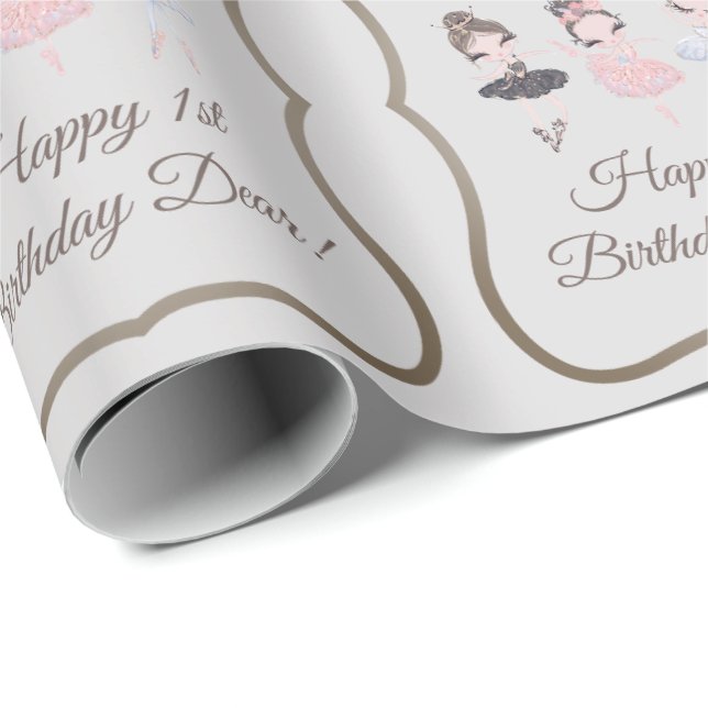Pretty Grey Pink Ballerinas Princess 1st Birthday Wrapping Paper (Roll Corner)