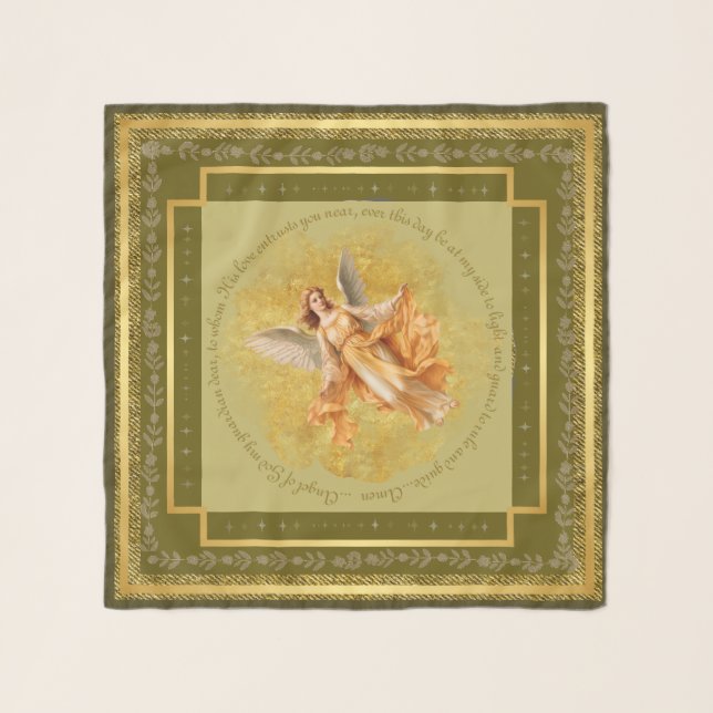 Pretty Guardian Angel Square Scarf Olive Gold  (Front)