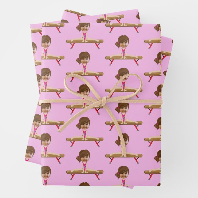 Pretty Gymnastics Girl Custom Kids Face Photo Wrapping Paper Sheets (In situ)