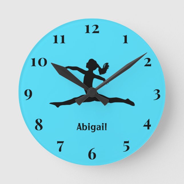 Pretty Gymnastics Silhouette Turquoise Round Clock (Front)