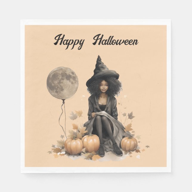 Pretty Halloween Witch and Full Moon Balloon Napkins (Front)